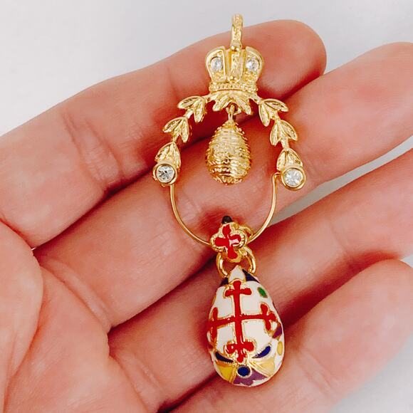 Gold Tone Pendant, Egg, Enamel Cross Design, 1990s - Y2K - Picture 2 of 16